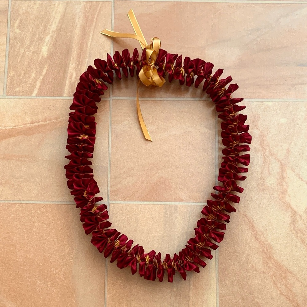NWOT Graduation Lei Handmade Red & Gold Plumeria Spiral Ribbon Lei